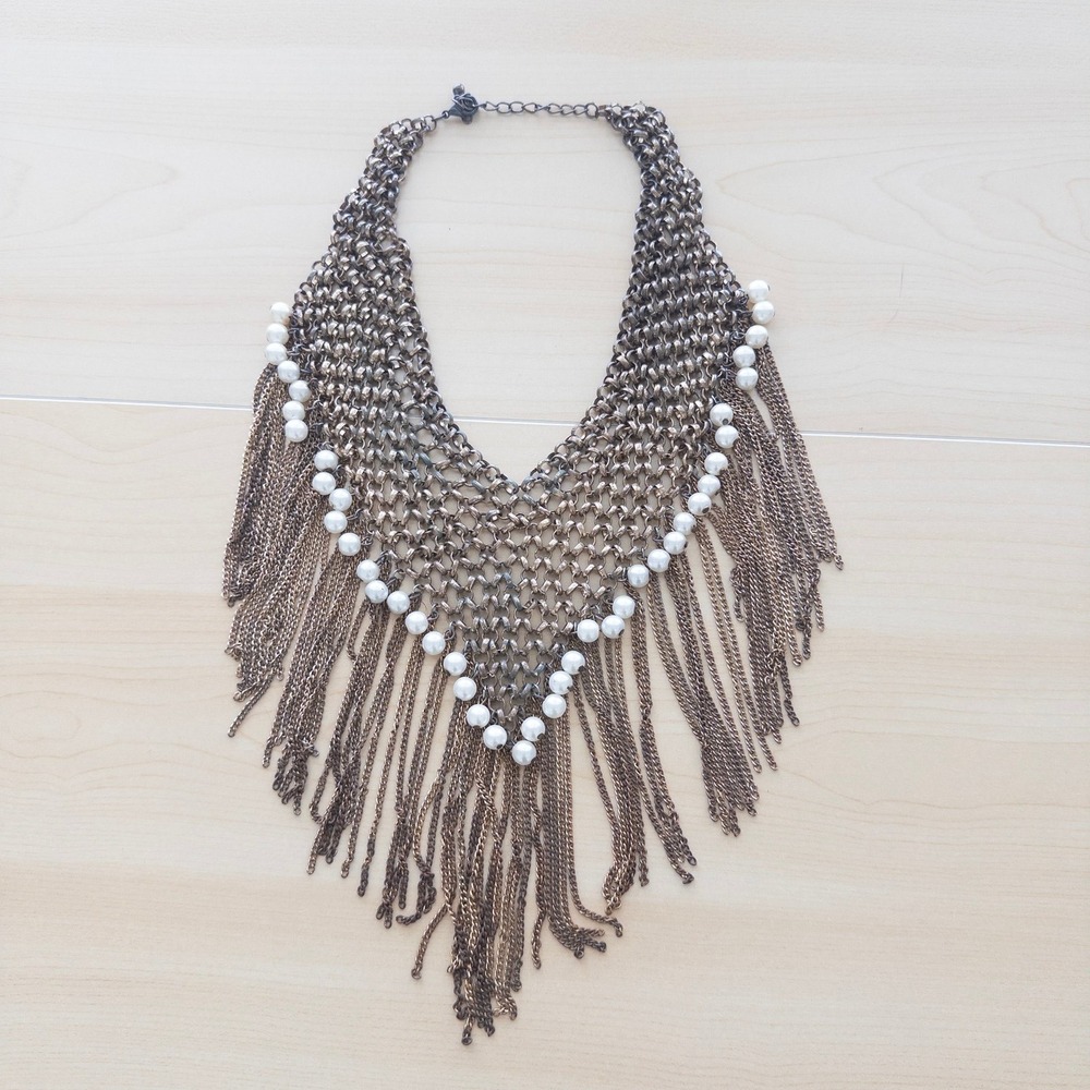 Boho Womens Bib Necklace OS Bronze Mesh Pearl Fringe Statement Chain Festival - Picture 7 of 7